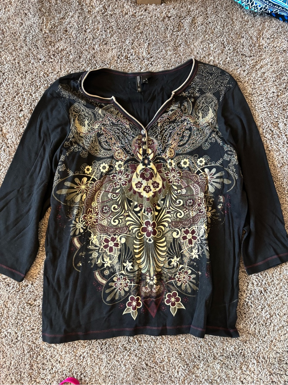 Black Embroidered Floral Henley Top